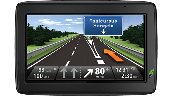 Screenshot navigatiesysteem met tekst Taalcursus Hengelo aangegeven - in kleur op transparante achtergrond - 600 * 337 pixels